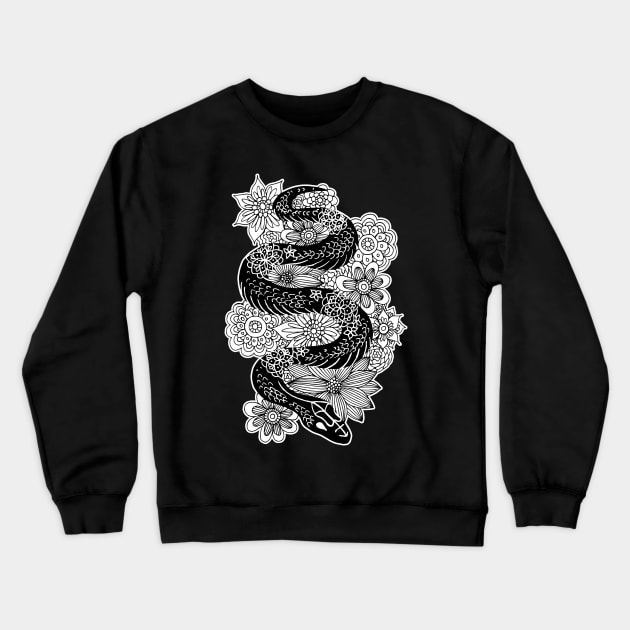 Snake with Flowers Black and White Drawing Crewneck Sweatshirt by julieerindesigns